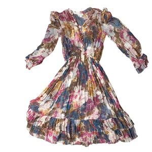 Sundance Floral Cupro Midi Dress XS Multicolor V-Neck Tiered Ruffle Boho